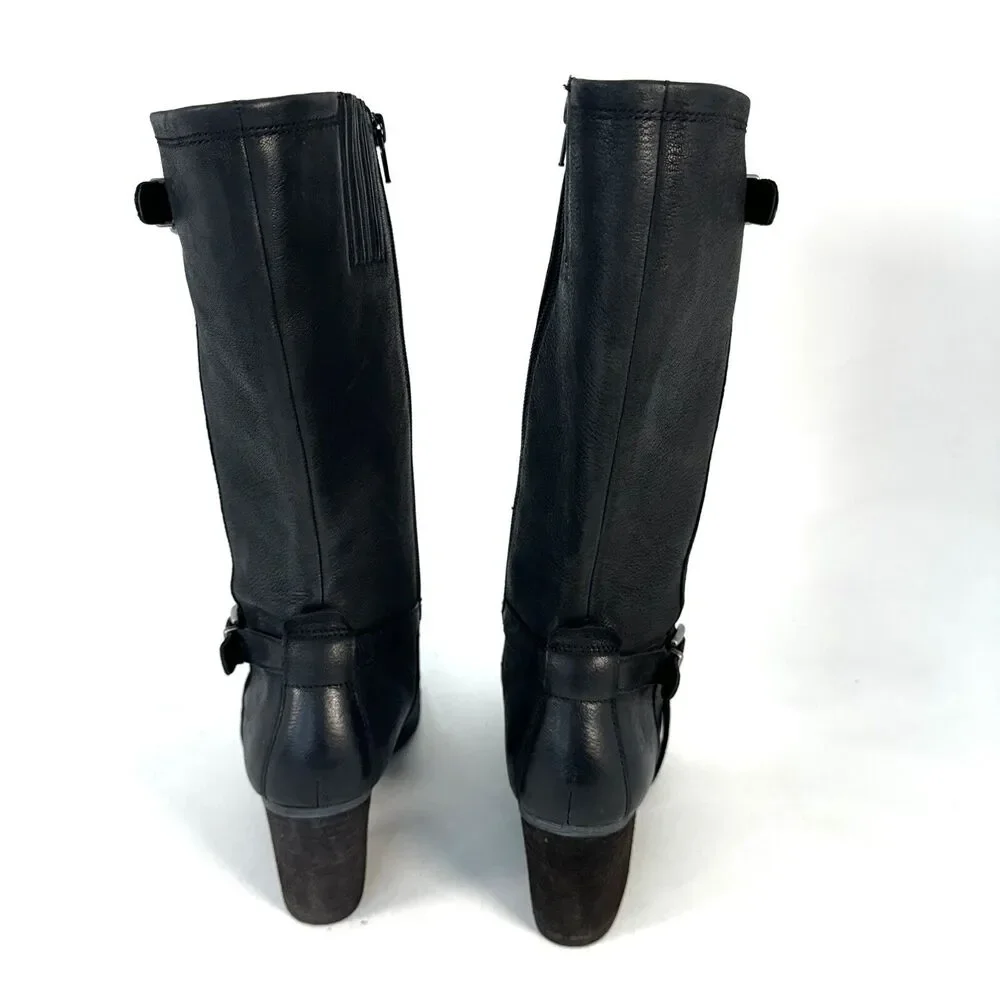 Josef Seibel Black Leather Tall Riding Boots Buckles Sz. 40 EU 9-9.5 US Side Zip